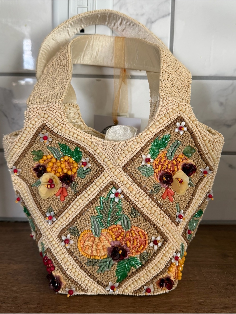 Beaded Ivory Floral Harvest Tote Bag